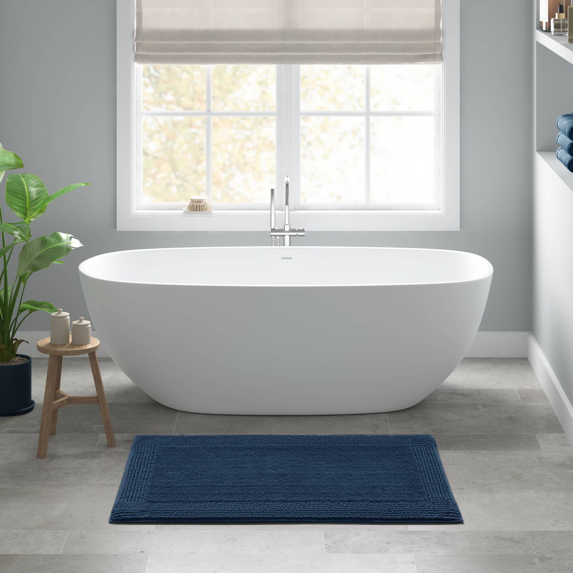 100% Cotton Tufted 3000 GSM Reversible Bath Rug 24x44" Navy Ultra Plush Dense Machine Washable Bathroom Rug