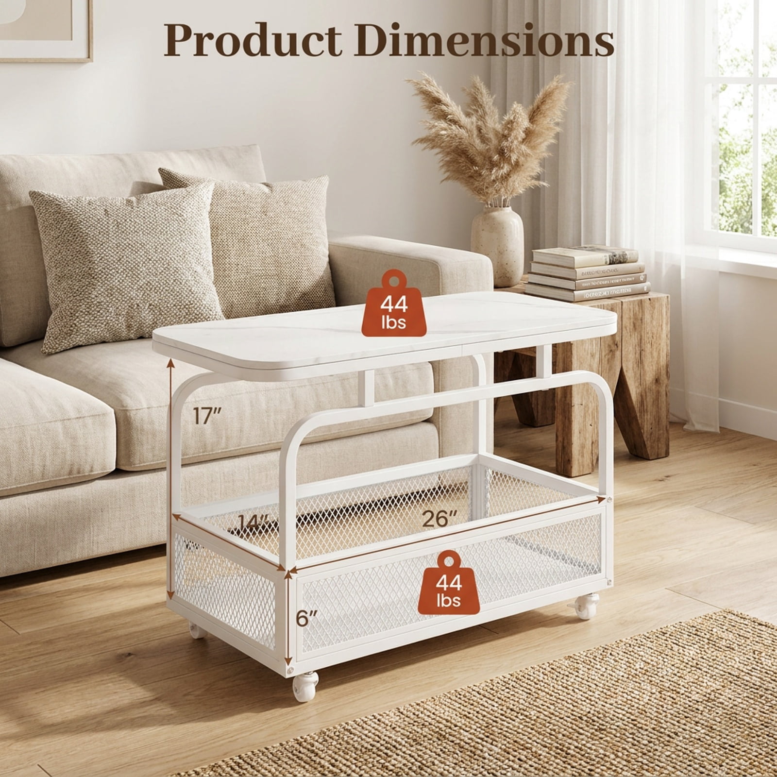 Furnibear Rolling Side Table 2 Tier Narrow End Table with Faux Marble Top and Mesh Storage Basket for Living Room Bedroom and Sofa Side, White