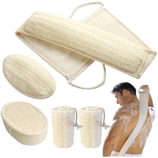 wonima11 Natural Loofah Sponge, Exfoliating Body Scrubber for Men Women, Loofah with Handle, Exfoliating Back Scrubber for Shower Set, Deeply Clean & Invigorate Your Skin (5 pcs in Box)