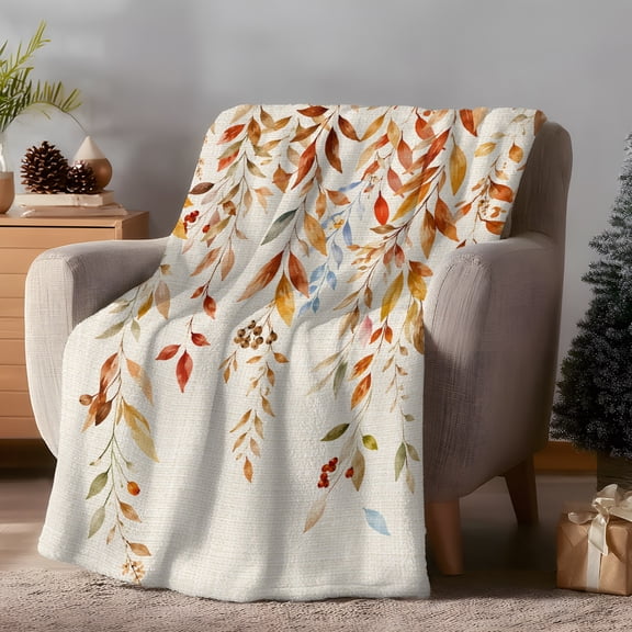 Throw Blanket Fleece Throw Blanket 40x50in, Watercolor Leaves on Burlap Soft Lightweight Bed Blankets Botanical Foliage Berry Fuzzy Couch Blankets for All Season