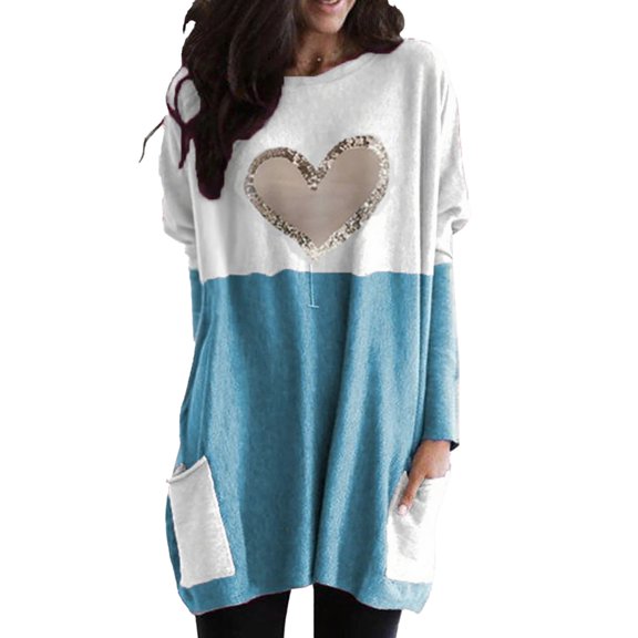 Holzkary Sweatshirts for Women Hoodies Lightweight Round Neck Long Sleeve Heart Pattern Sweatshirt with Pockets Graphic Printed Pullover Top Comfy Fall Winter Outfits Clothes 2025 Fashion Blue L