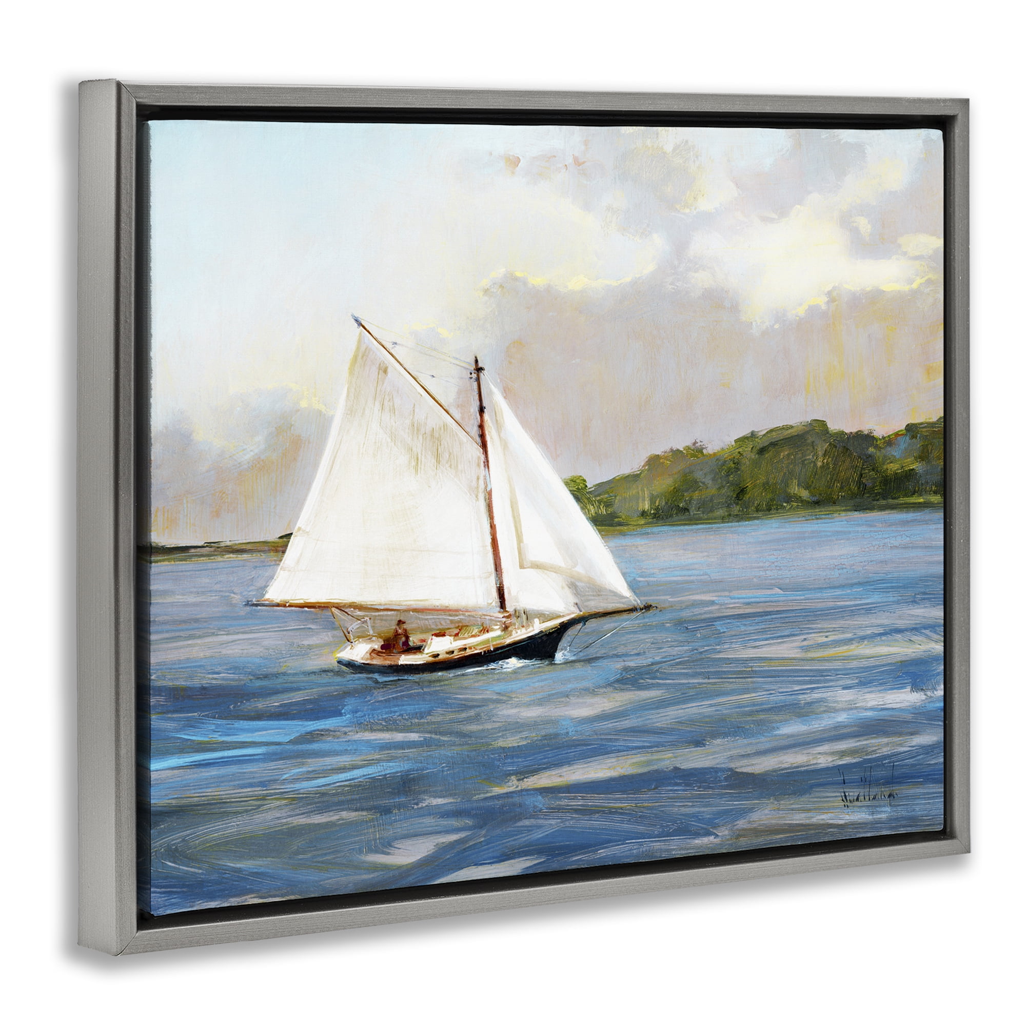 Stupell Industries White Sailboat on Calm Blue Sea Gray Framed Floater Canvas Wall Art, design by Katie Swatland