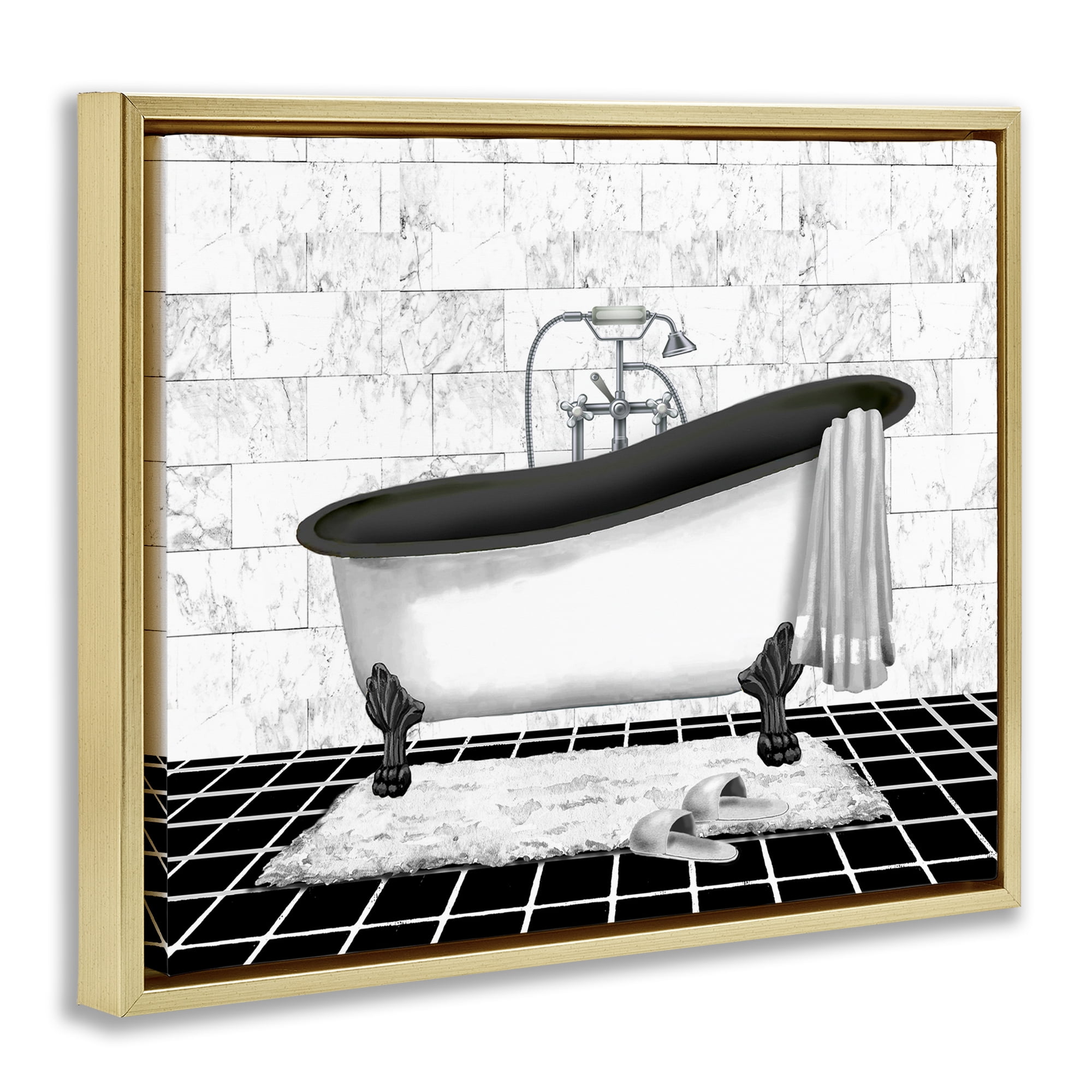 Stupell Industries Marble Pattern Bath Typography Painting Gold Floater Framed Canvas Art Print Wall Art, 31 x 25