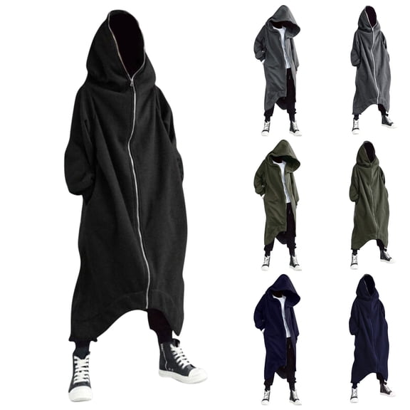 Wuxian Men Long Hooded Zip Up Jackets, Gothic Streetwear Maxi Hoodie Jacket, Loose Long Sleeve Hood Outwear With Pockets