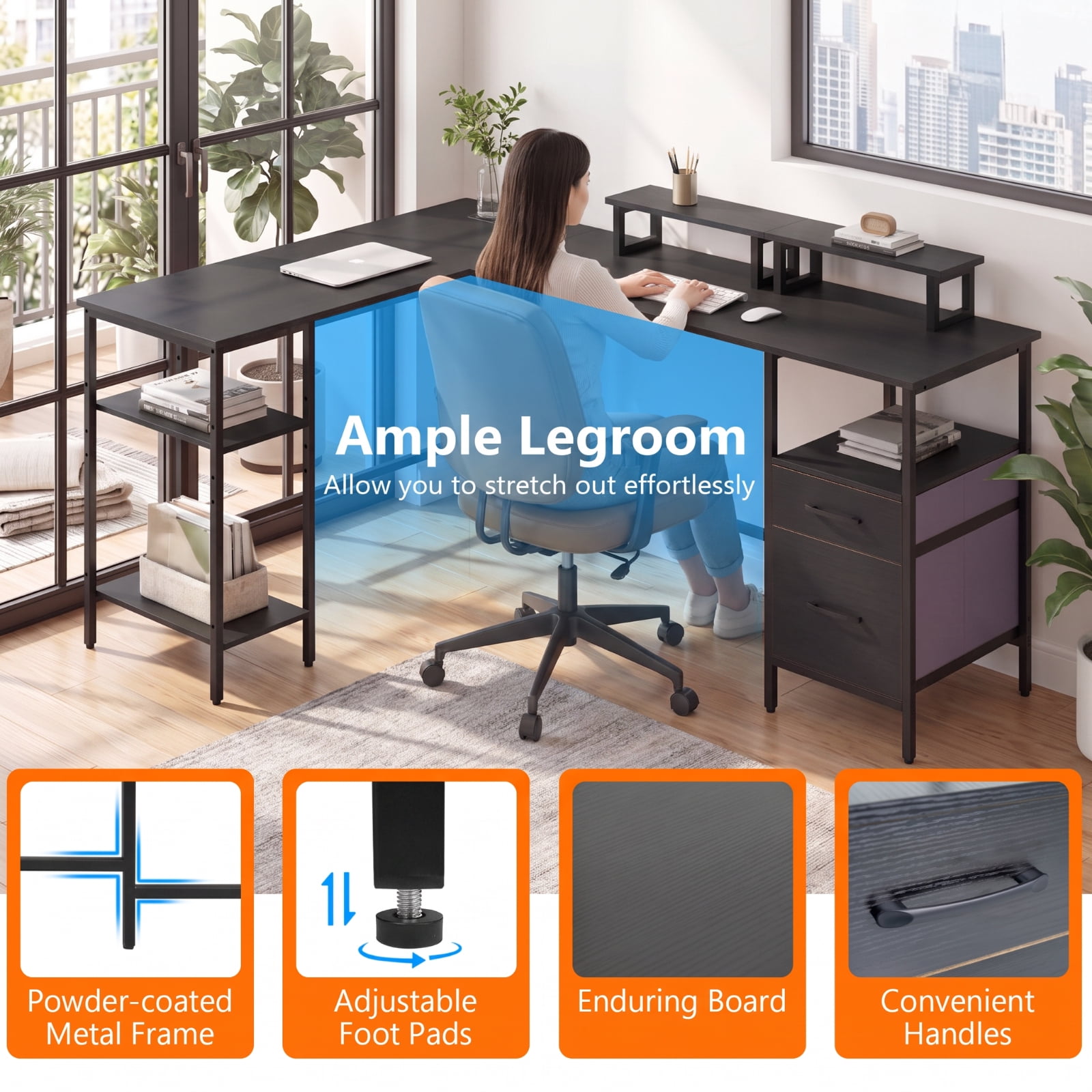 Furnibear L Shaped Desk with Power Outlet, Reversible Corner Computer Desk with Monitor Stands and 2 Drawers for Home Office Gaming, Rustic Brown