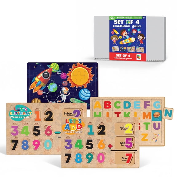 Wooden Educational Games Set of 4 – Alphabet Puzzle, Addition & Subtraction Boards, Space Jigsaw – Educational Toys for 3 Year Old, Puzzles for Kids Ages 4-6, Toys for 3 Year Old Boys & Girls
