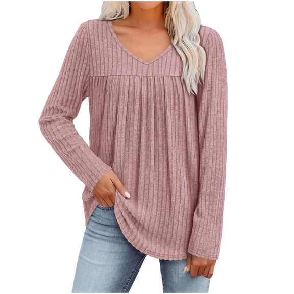 yillto Women Knit Top Long Sleeve V Neck Pleated Flowy Blouse Fall Winter Lightweight Sweaters for Leggings