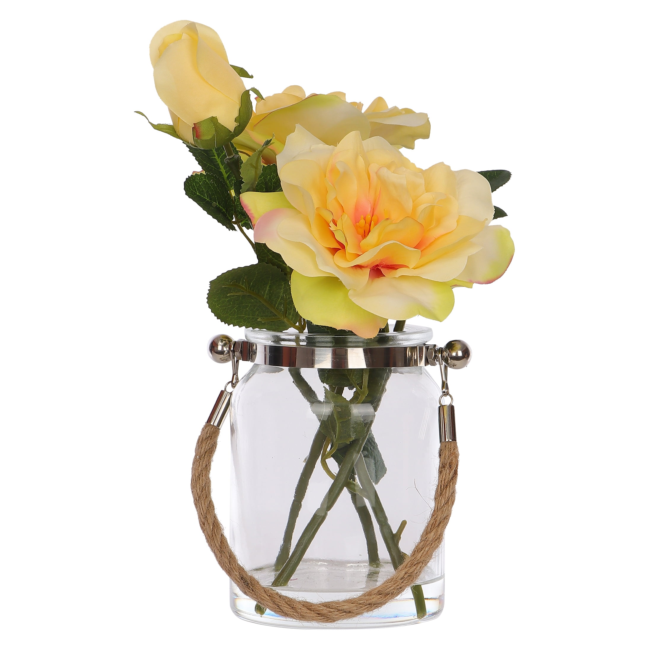 (2 pack) Mainstays 12" Yellow Camelia in Clear Glass Jar - Everyday / Greenery / Artificial Flowers