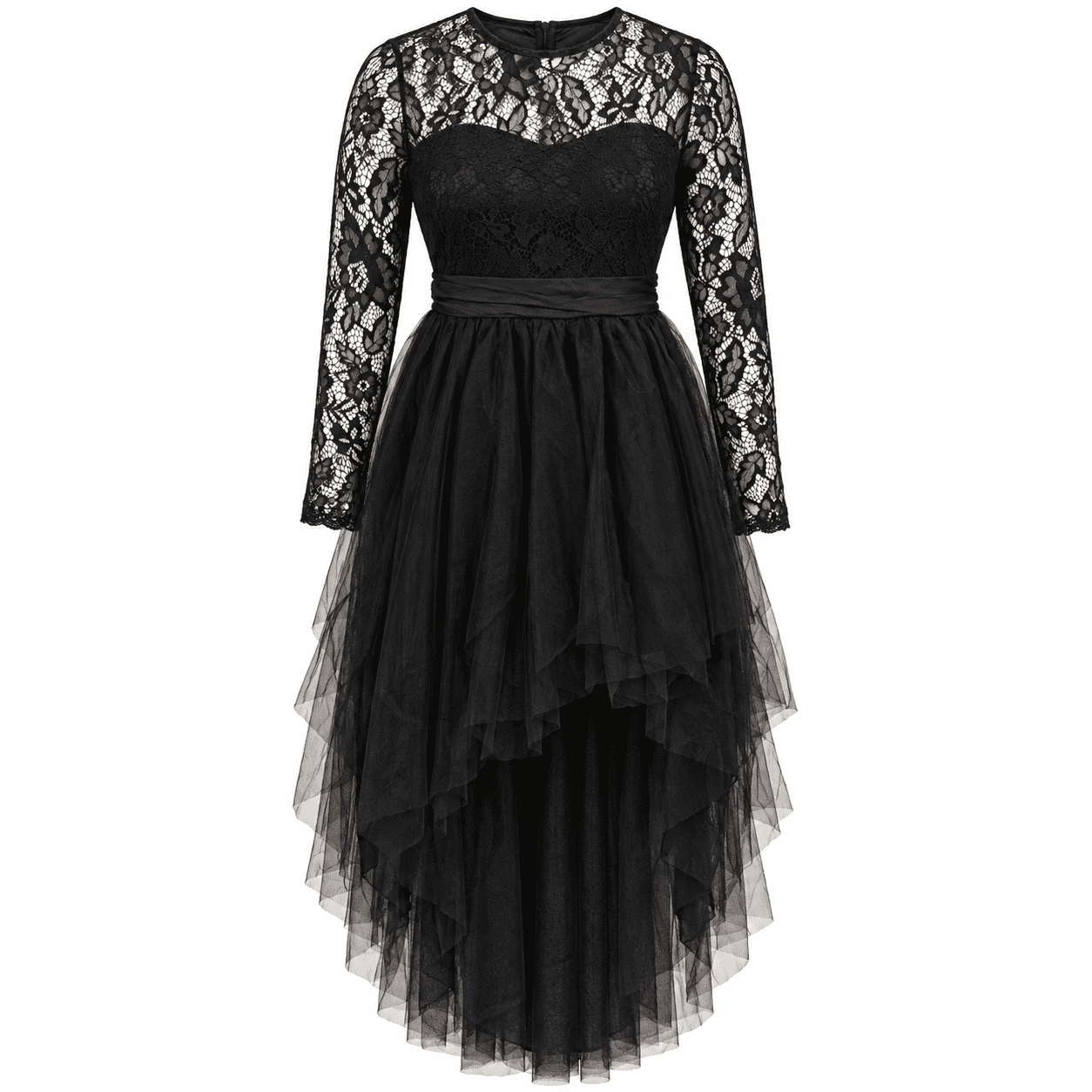 Plus Size Women High Low Tulle Prom Dress Long Sleeve Hollow Floral Lace Ruched Waist Ruffle Tiered Evening Party Gown