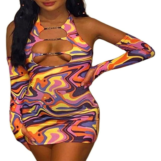 PENGXIANG Women Halter Dress Solid Color/Printing Hollow-Out Sleeveless Backless Mini Bodycon Dress