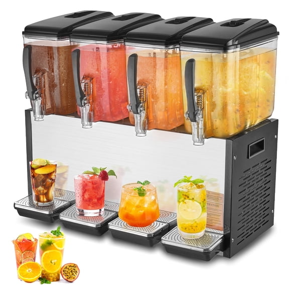 VEVOR Commercial Beverage Dispenser,4 Tanks 12 L / 12.7 QT Per Tank Juice Dispenser,510W Stainless Steel Ice Tea Drink Machine with 45°F-54°F Cooling Temperature,for Cold Drink Restaurant Bar Party