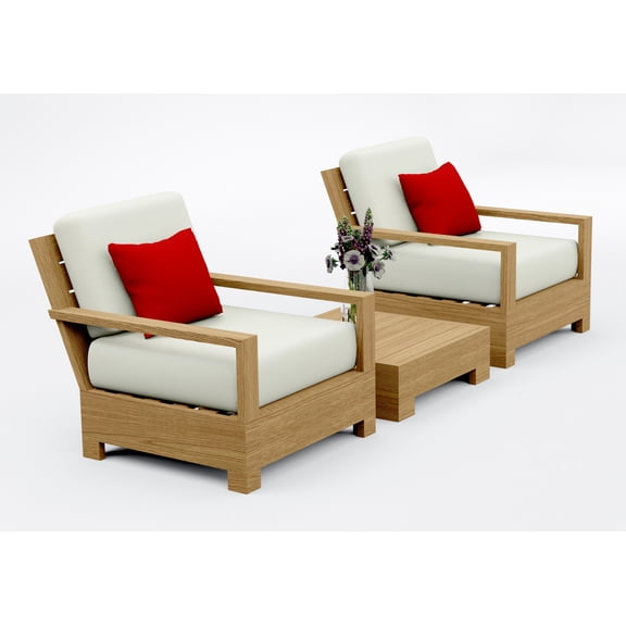 Leveb Teak Wood 3 Pc Lounge Chair Set: 2 Lounge Chairs & Side Table With Cushions in Outdoor Sunbrella Fabric #5404 Canvas Natural