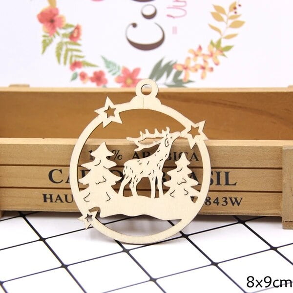 Copos de nieve naturales con forma de ciervo, adornos colgantes de Chip de madera de Navidad, adornos de Navidad, decoraciones de regalos para niños, 10 piezas
