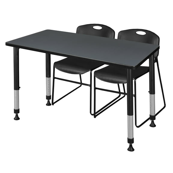 Kee 48" x 24" Adjustable Classroom Table - Grey & 2 Zeng Stack Chairs- Black