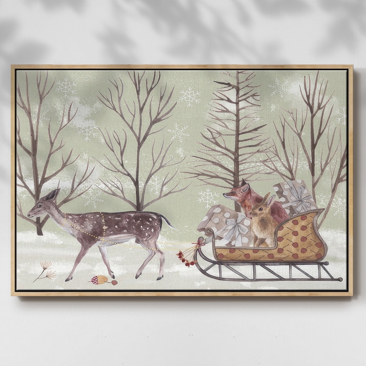 Christmas Time II - Framed Gallery Wrapped Holiday Canvas - 25 x 37 - Natural Wood Frame