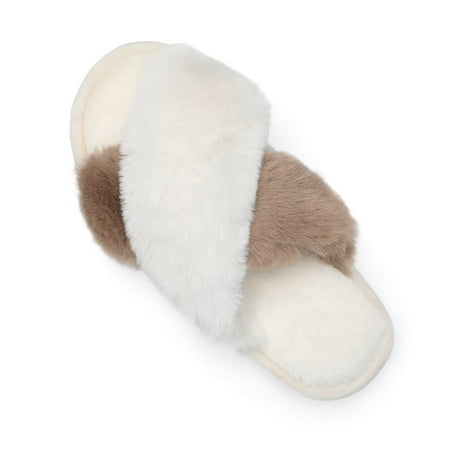 

NineCiFun Women s Fuzzy Slippers Slip on Cross Band Slippers Memory Foam House Slippers Open Toe Sandals for Outdoor Indoor，White/Camel，Size 9-10US