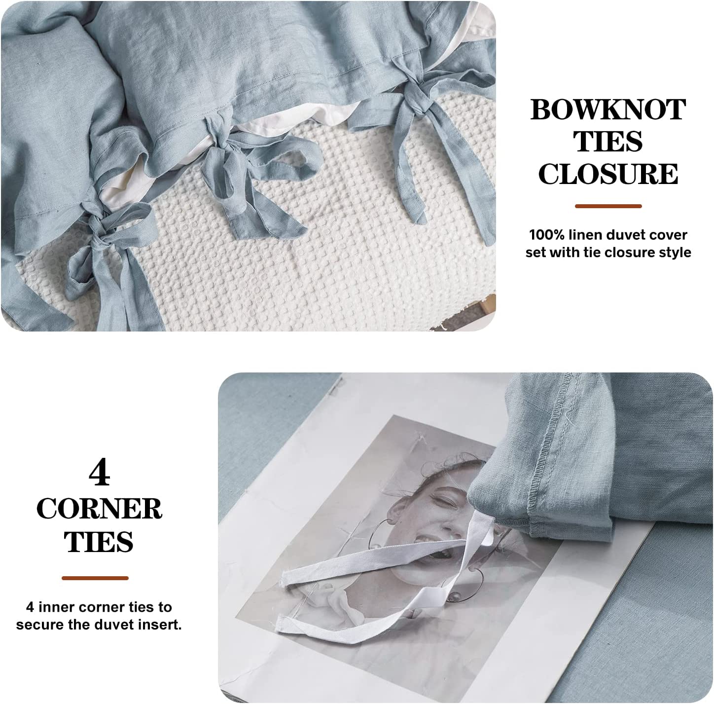 Simple&Opulence 100% Linen Duvet Cover Set, 3 Piece Belgian Flax Breathable Bedding, King Size 104''x92'' (1 Comforter Cover+2 Pillowshams) with Tie Closure Style,Dusty Blue