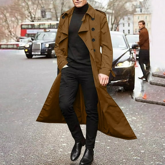 Tawop Men's Jacket Trench Coat Long Sleeve Hoodless Casual Long Length Solid Mens Clothing,Coffee,2XL
