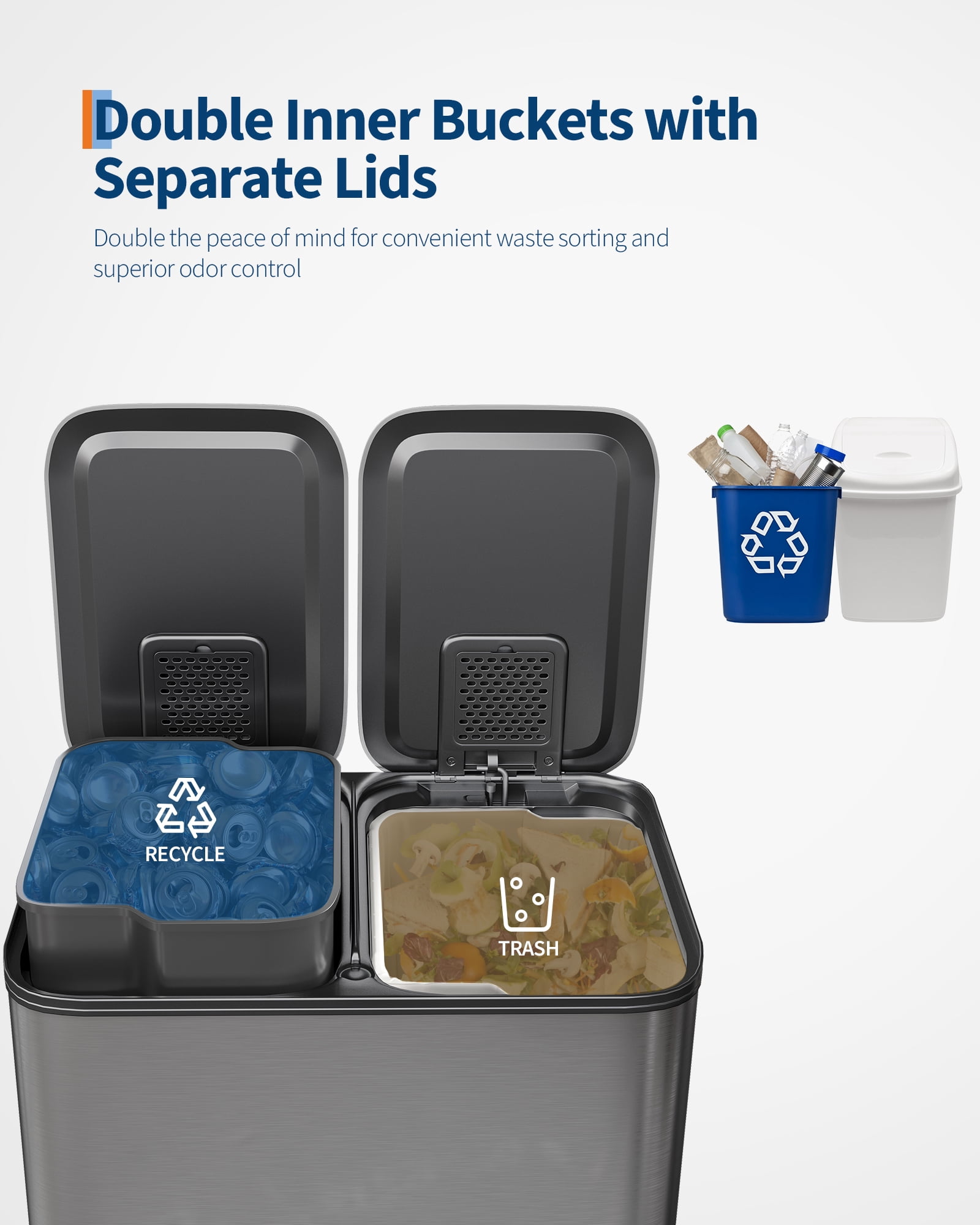 2 x 8 gal Stainless Steel Dual Trash Can, Step-on Kitchen Metal Garbage Cans, Double Compartment Garbage and Recycling Bin Combo with Metal Lid, PP Inner