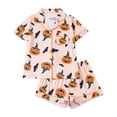 thumbnail image 2 of FASHOFT Women's Halloween Pajamas Set Ghost Pumpkin Print Silk Satin Short Sleeve Button Down Shirts Matching Shorts Set Cute Comfy Pjs Light Pink XL, 2 of 8