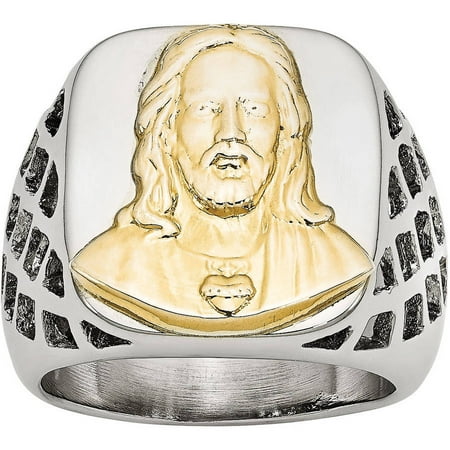 Primal Steel Stainless Steel Yellow IP-Plated Jesus Polished Ring, Available in Multiple Sizes