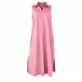 thumbnail image 5 of Hduncf Casual Dresses for Women Summer Sleeveless V Neck Cotton Linen Sundress Solid Color Collared Button Up Beach Maxi Dress Pink XXL, 5 of 5