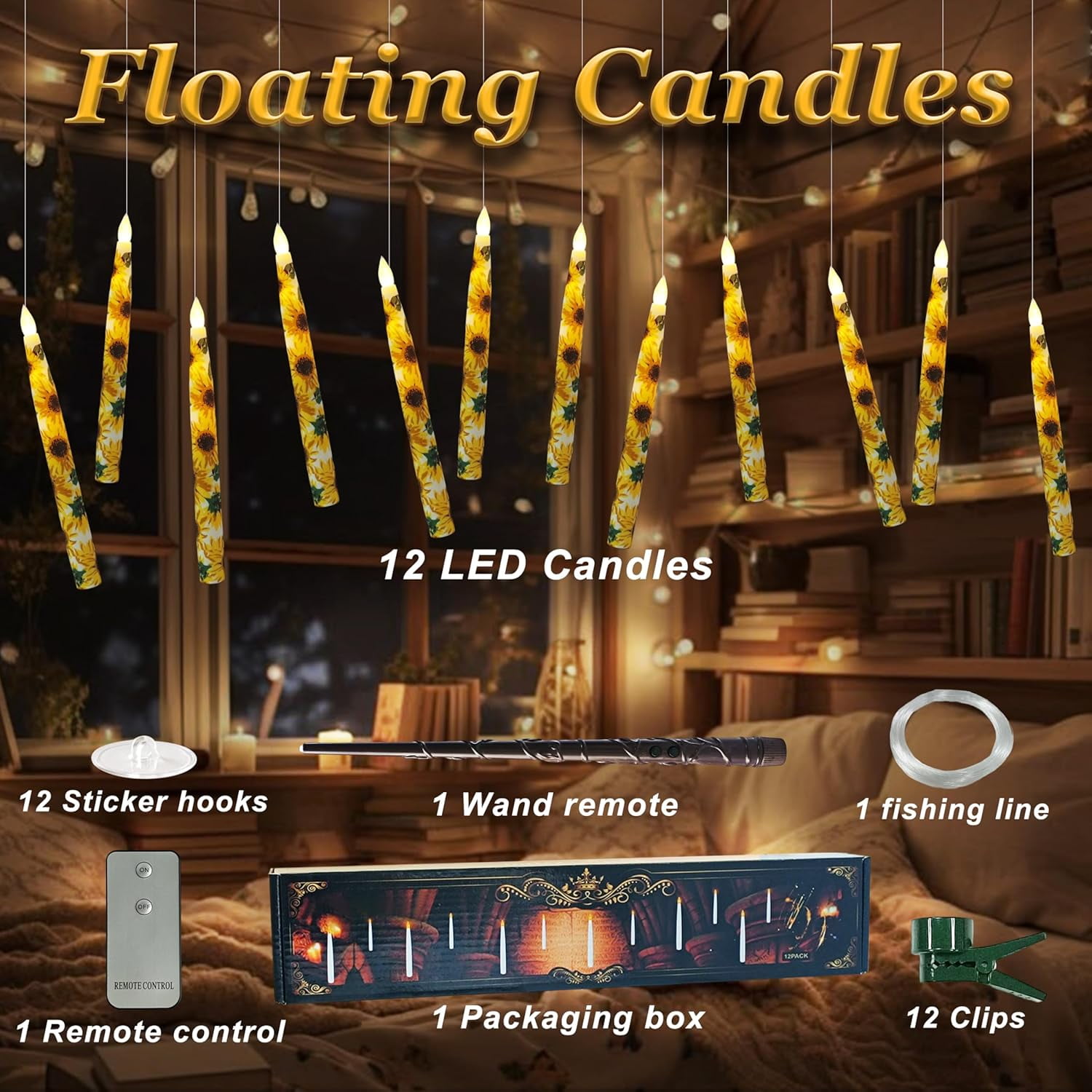 XINAOBAOLUO 12PCS Floral Floating Candles with Wand,Flickering Warm Light Flameless LED Candle with Remote, Magic Hanging Candles, Battery Operated Taper Candle Set for Theme Party Birthday Gift