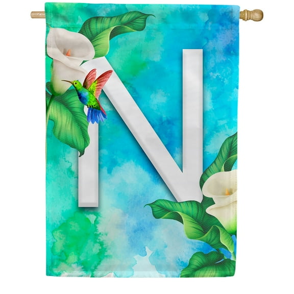 America Forever Summer Flowers Birds Monogram House Flag Letter N 28 x 40 inches Hummingbird Calla Lily Spring Floral Double Sided Vertical Outdoor Yard Lawn Decorative White Floral House Flag