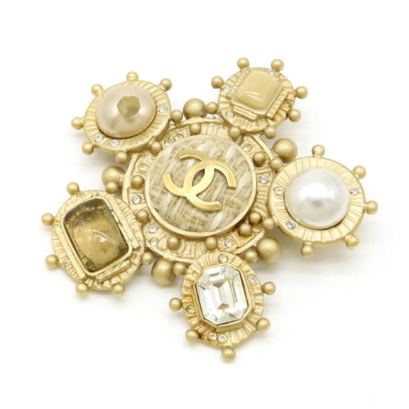 Pre-Owned CHANEL Coco Mark Tweed Faux Pearl Bijou Rhinestone Pin Brooch GP Gold 05A