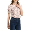 thumbnail image 5 of INSPIRE CHIC Women's Shirred Tops Crew Neck Short Sleeve Keyhole Back Floral Blouse S Beige Pink, 5 of 8