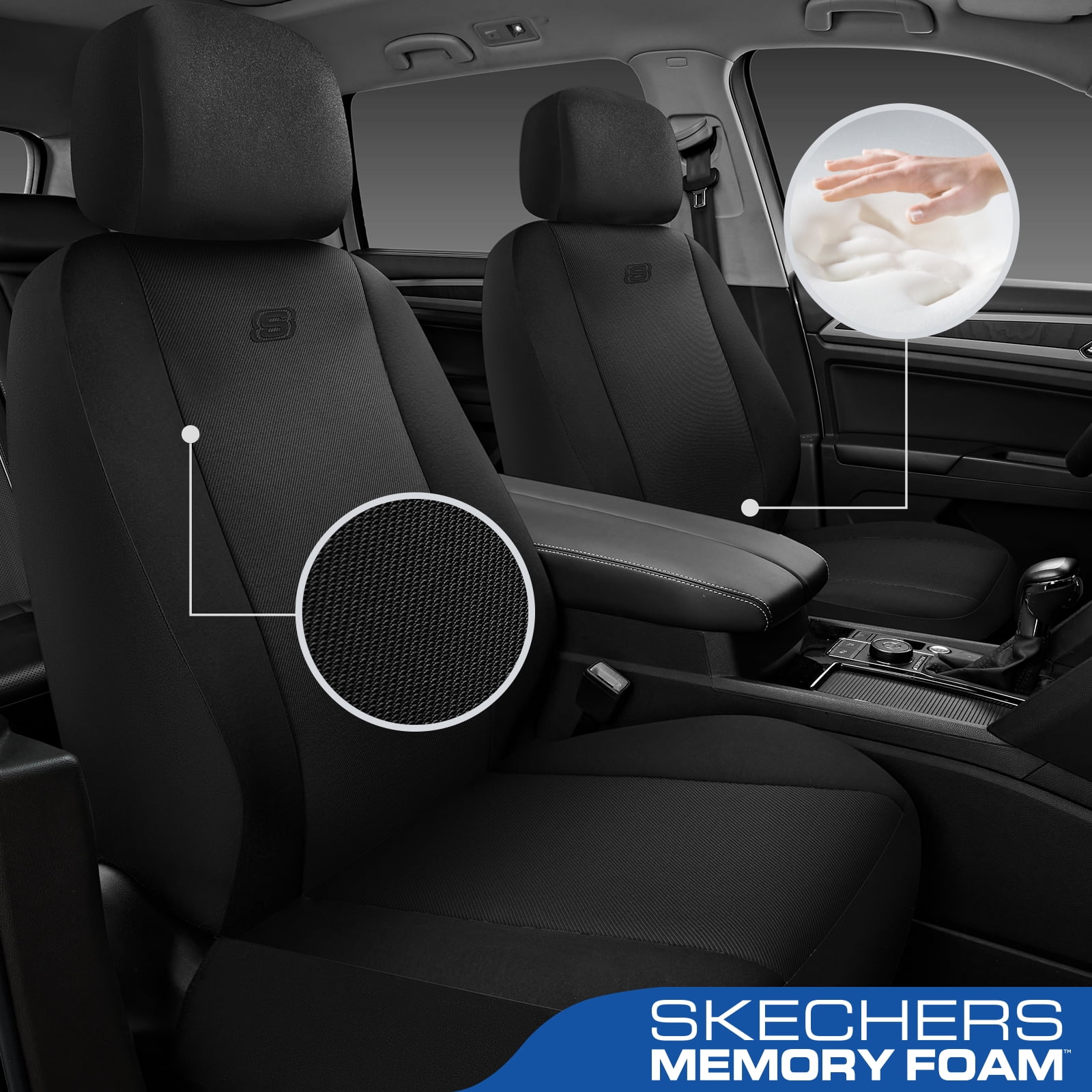 Skechers Memory Foam Fabric Car Seat Cover, Breathable, Comfortable Support, Easy Install, Stylish Design, Universal Fit for Cars and SUVs Black