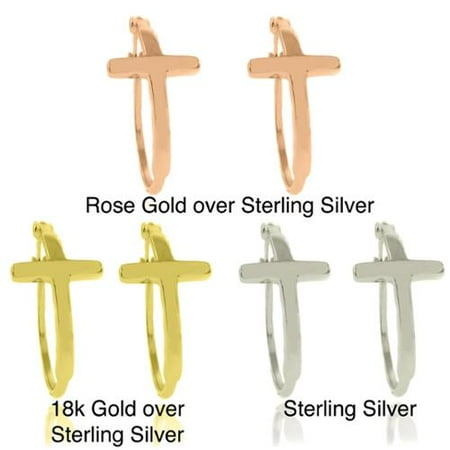 Dolce Giavonna Sterling Silver Cross Hoop Earrings