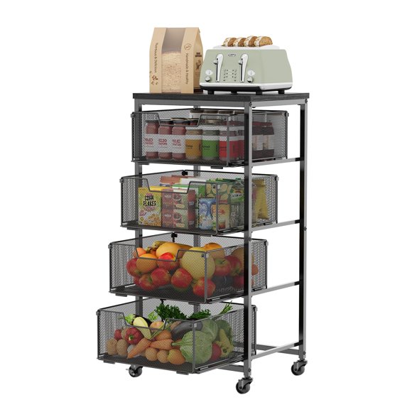 Carrito de almacenamiento de cocina de 4 niveles con tapa de madera y ruedas Yociyoga