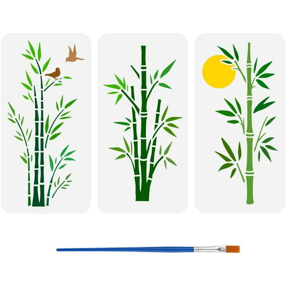 3 Pcs Bamboo Drawing Stencil with A Paint Brush 11.8x5.9inch Moon Birds Painting Template Chinese Style Bamboo DIY Decoration Stencil for Painting on Wood Wall Fabric Furniture