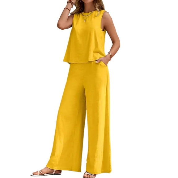 EASYBRA Women Two Piece Outfit Sleeveless Vest Wide Leg Pants Casual Set Solid Color XS–XXL
