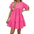 thumbnail image 2 of Summer Dresses for Women 2025 Vacation Short Sleeve V Neck Mini T Shirt Dress Pleated Ruffle Flowy Beach Rose Red S, 2 of 9