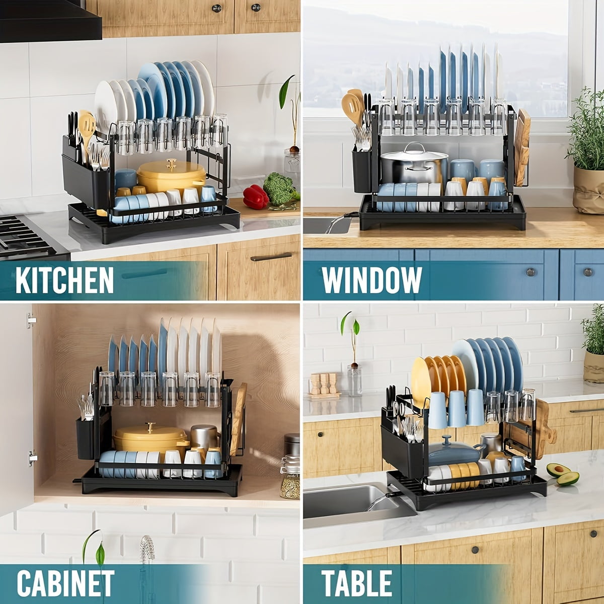 2 Tier Dish Drying Rack for Kitchen Counter, Black Metal Dish Drainer with Drainboard, Two-Level Kitchen Dish Holder Drainage