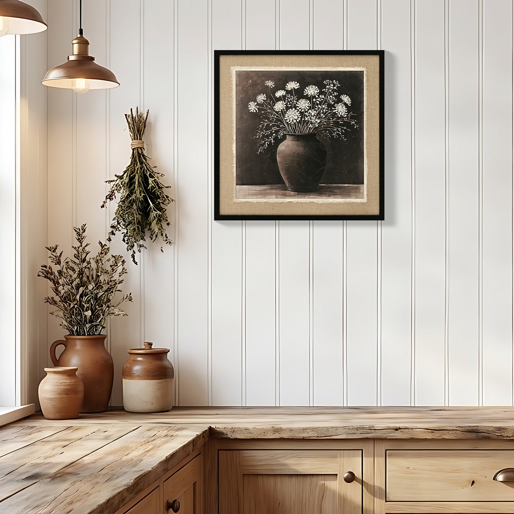 Euroco 24x24inch Vintage Abstract Flower Bouquet Wall Art, Nature Framed White Flower in a Rustic Clay Pot Painting Blossom Picture Prints on Linen for Bedroom Office