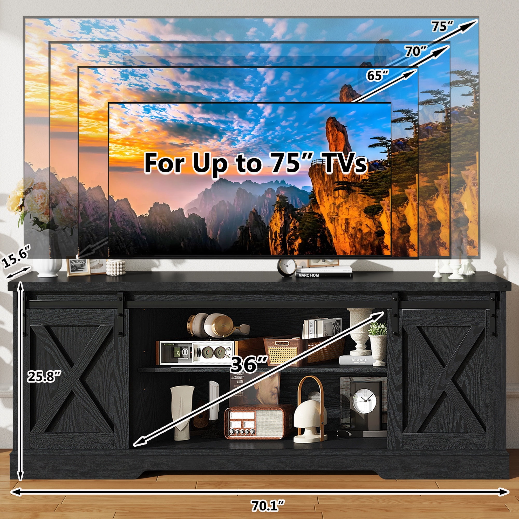 70" Farmhouse TV Stand for 75 Inch TVs with Sliding Barn Door, Rustic Wood Entertainment Center Large Media Console Cabinet for Living Room