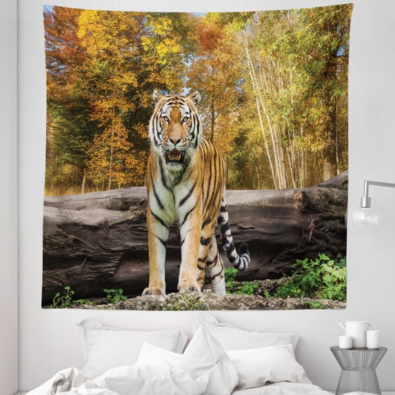 Animal Tapestry, Tiger in the Forest Standing and Gazing at the Camera Beast Habitat Picture, Fabric Wall Hanging Decor for Bedroom Living Room Dorm, 5 Sizes, Brown Orange, by Ambesonne