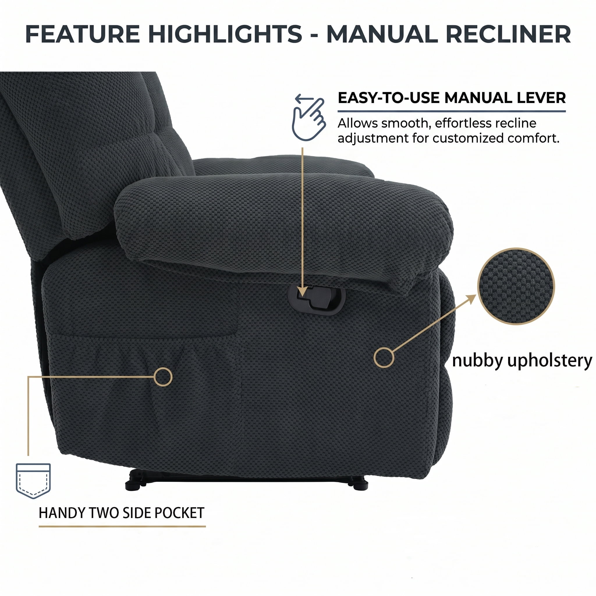 CISILOV Overstuffed Recliner Chair, Ergonomic Manual Push Back Lounge Chair with Padded Footrest, Plush Armchair 38.6 Inch for Living Room Home Theater Reading Nook and Relaxation, Dark Gray