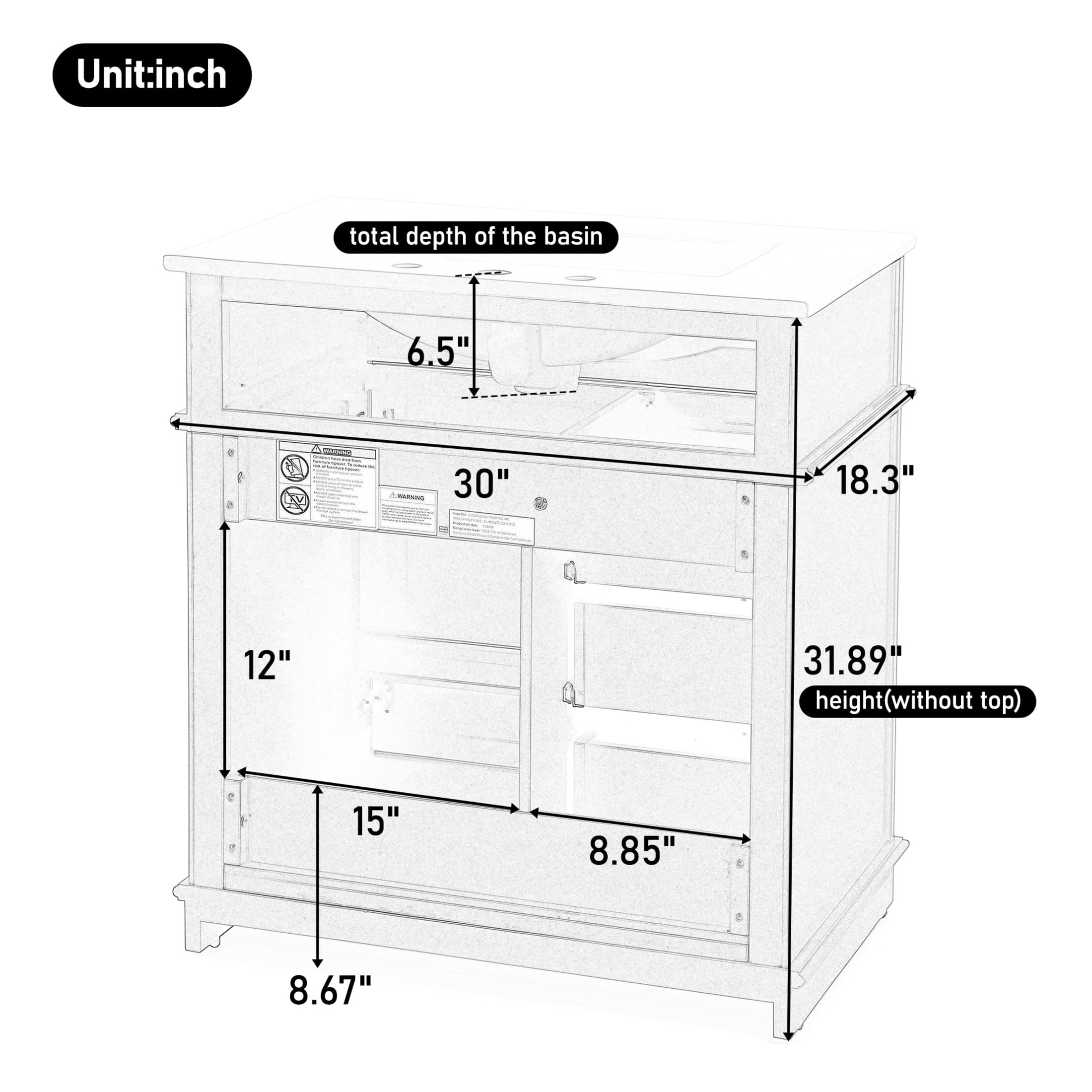 Christopher Knight Home 30" Bathroom Vanity with Sink, Soft-Close Door, Tip-out Drawer, Black