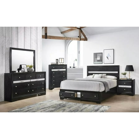 5pc King Size Storage Drawers Bed Dresser Mirror Nighstand Chest Set Black Wooden Bedroom Furniture
