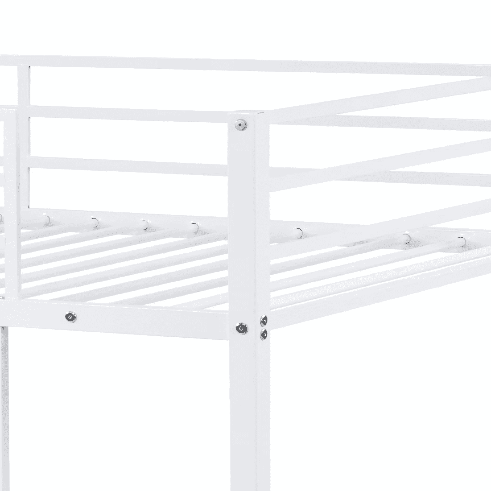 MAYEERTY Twin Size Metal Bunk Bed, Low Profile Bed Frame with Built-in Ladder, High Guardrail, Space-Saving for Kids, No Box Spring Required, White