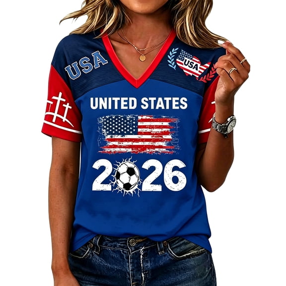 2026 Soccer Jerseys Shirts for Women Country Team Short Sleeve V Neck Fan International Football Shirt Retro Streetwear Top, Blue XL