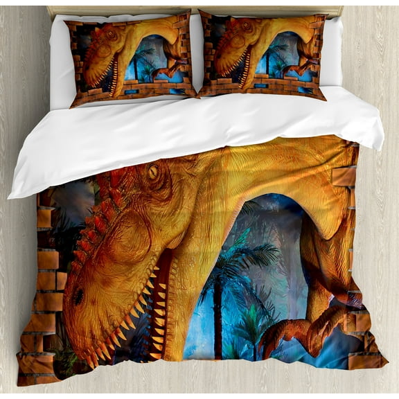 Dinosaur Duvet Cover Set, Tyrannosaurus Breaks a Brick Wall Frightening Scary Scenery Jungle Invaded House, Decorative 3 Piece Bedding Set with 2 Pillow Shams, Calking Size, Orange Blue, by Ambesonne