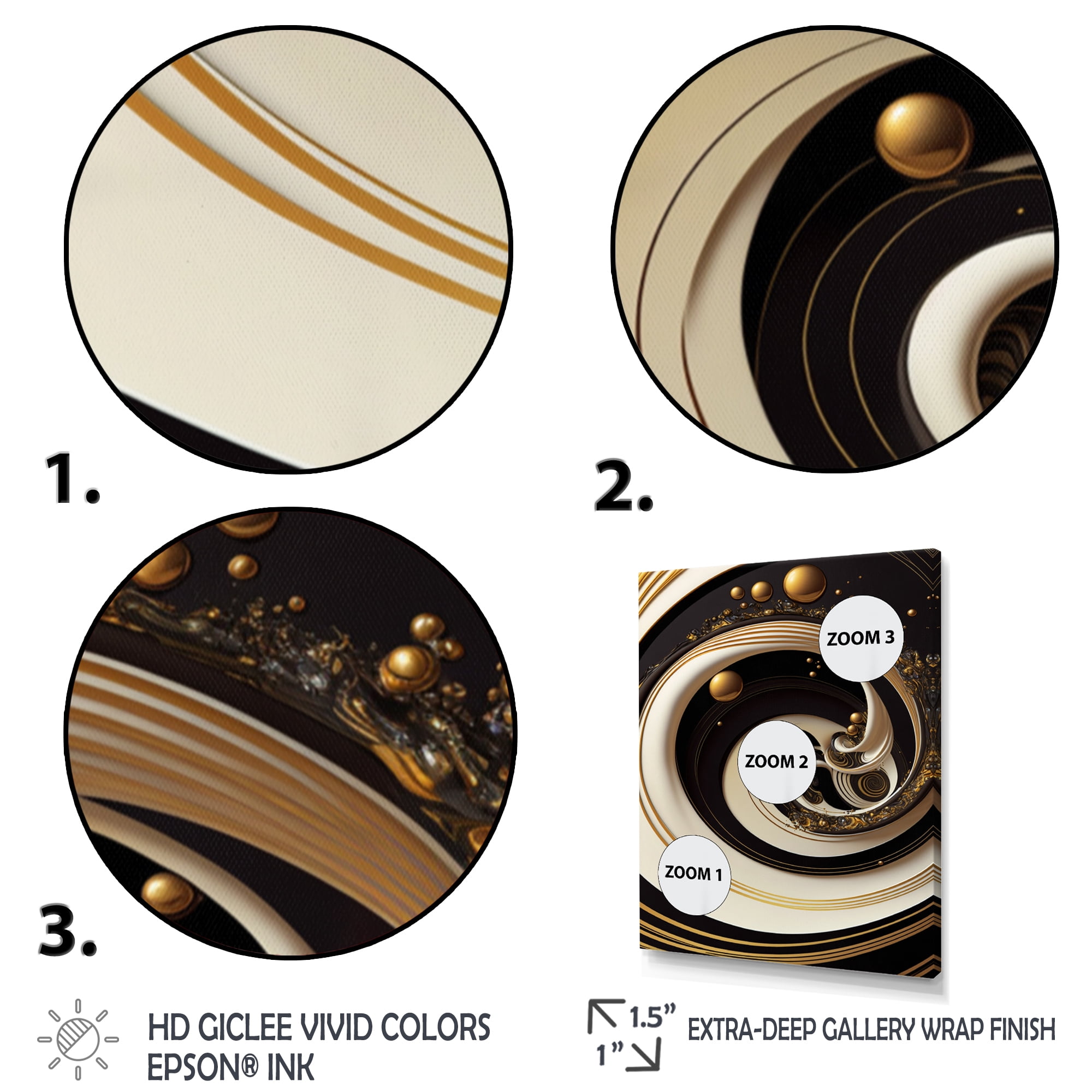 Designart Black, Silver And Gold Blending Swirls VII Canvas Wall Art