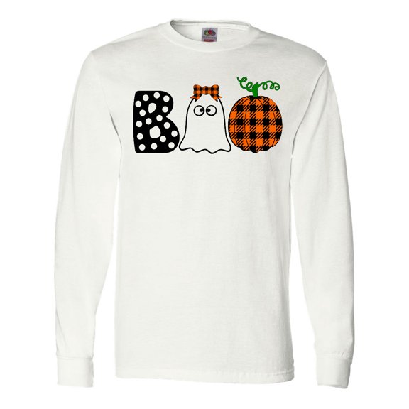 Inktastic Boo Halloween Ghost and Plaid Pumpkin Long Sleeve T-Shirt
