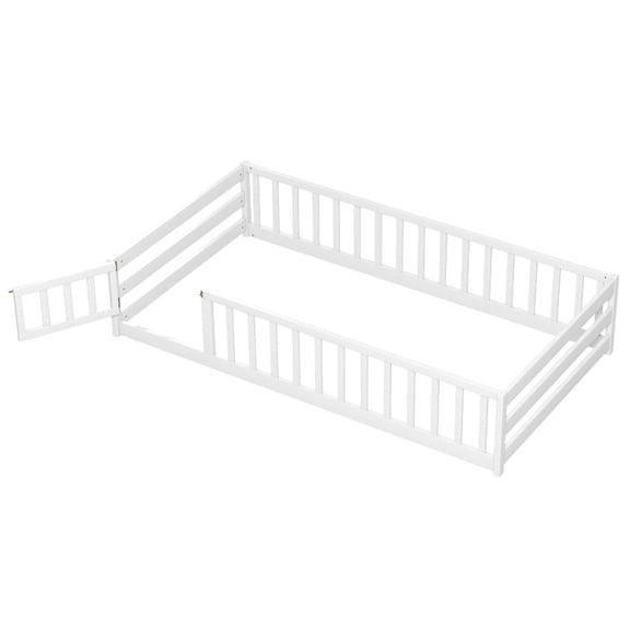 Furnibear Twin Size Kids Wood Montessori Floor Bed Frame with Lockable Door and Safety Fence for Kids Bedroom, White