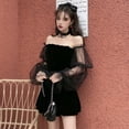 thumbnail image 3 of Temperament Mesh Bubble Sleeve Skirt Strapless Waist Puffy Dress Black, 3 of 6